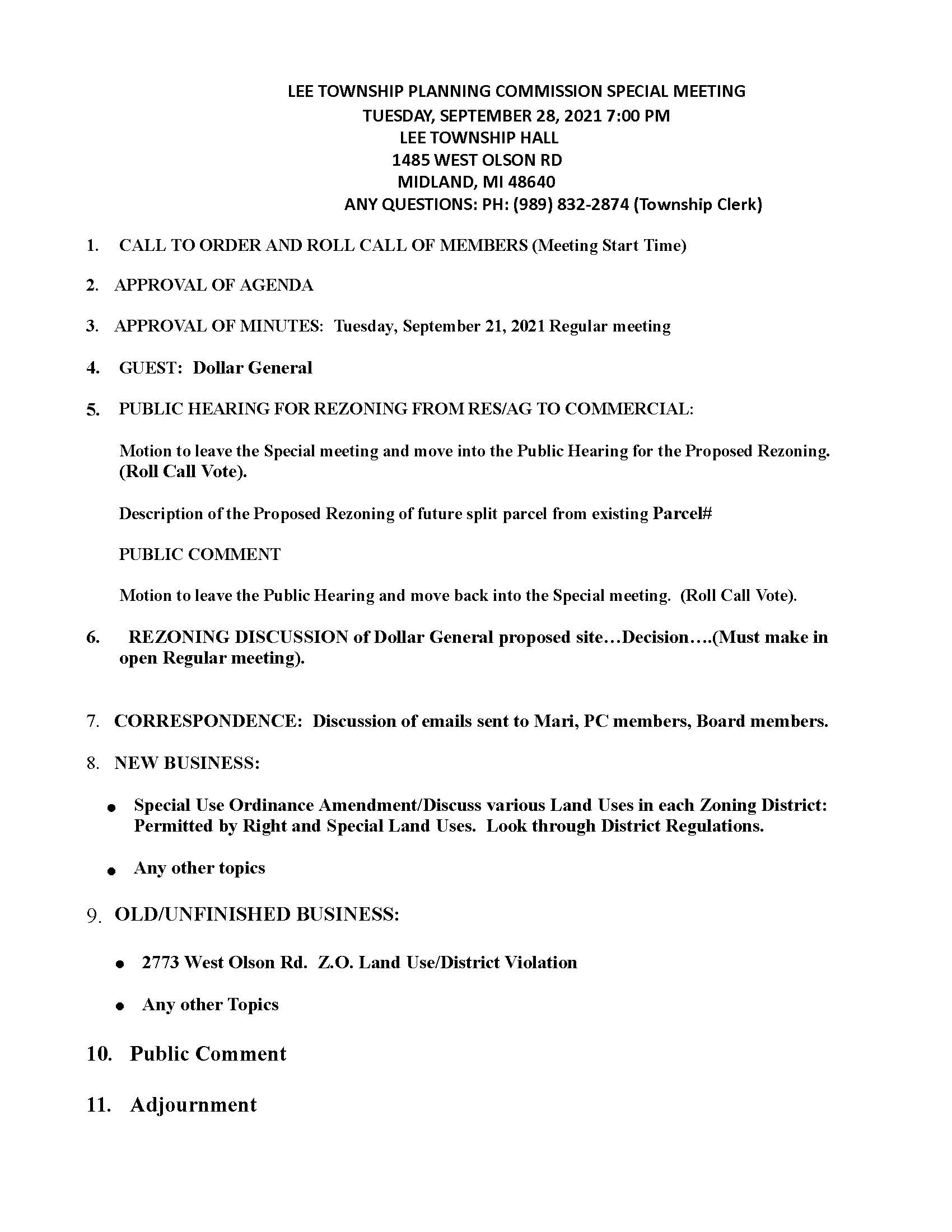 Special Meeting for Planning Commission on September 28, 2021